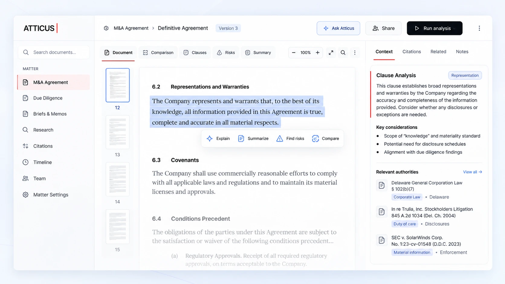 Atticus interface showing an M&A agreement with clause analysis, key considerations and relevant authorities