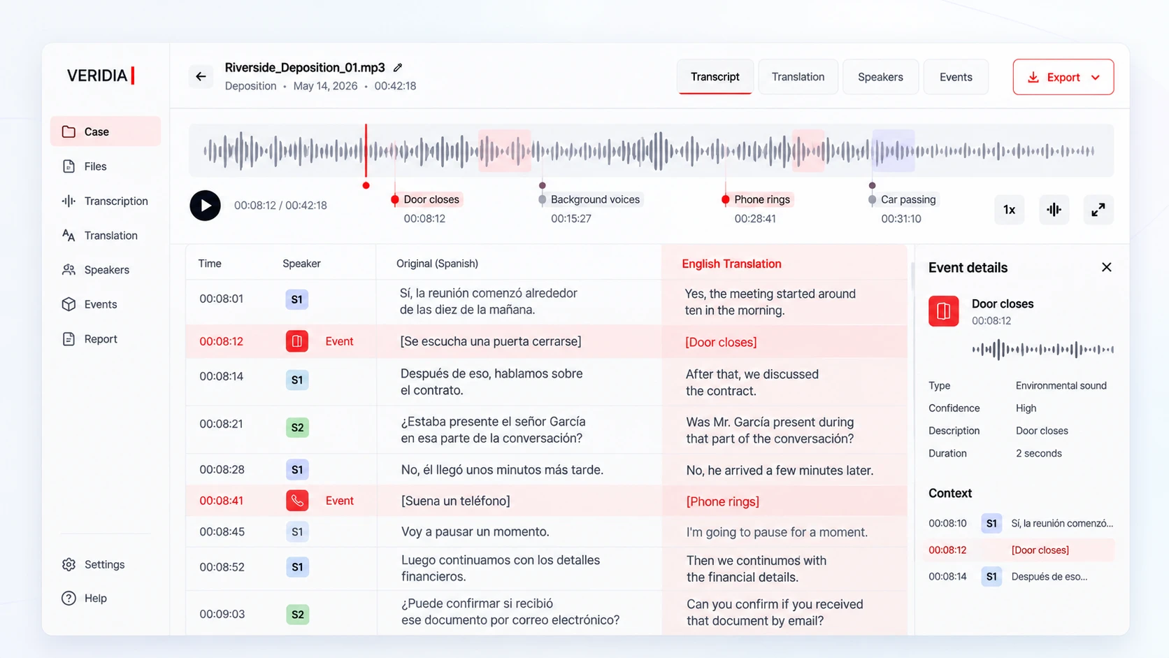 Veridia interface showing a deposition waveform, timestamped Spanish transcript, English translation and environmental sound events