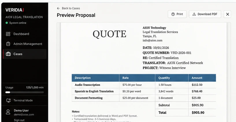 Veridia quotation preview listing transcription, translation and formatting services